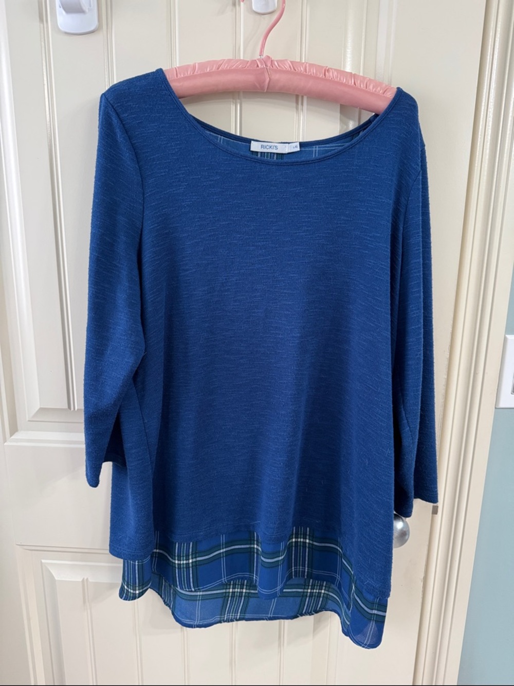 Ricki's Royal Blue Knit Tunic with Plaid Layered Hem